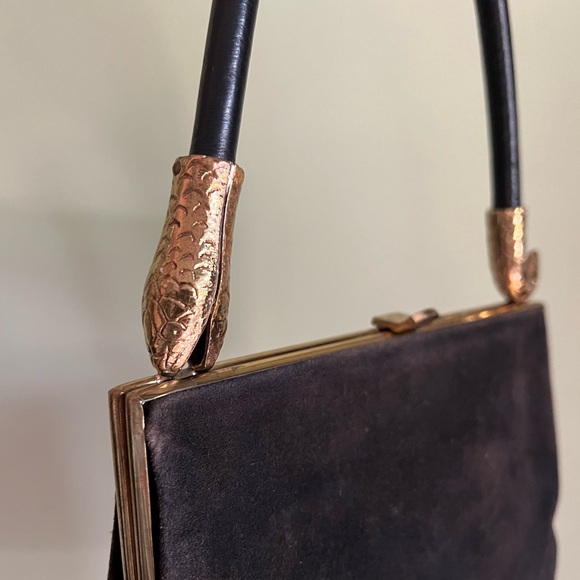 Vintage Handbags - Vintage Suede Handbag, Snake Handle, Genuine Leather Purse